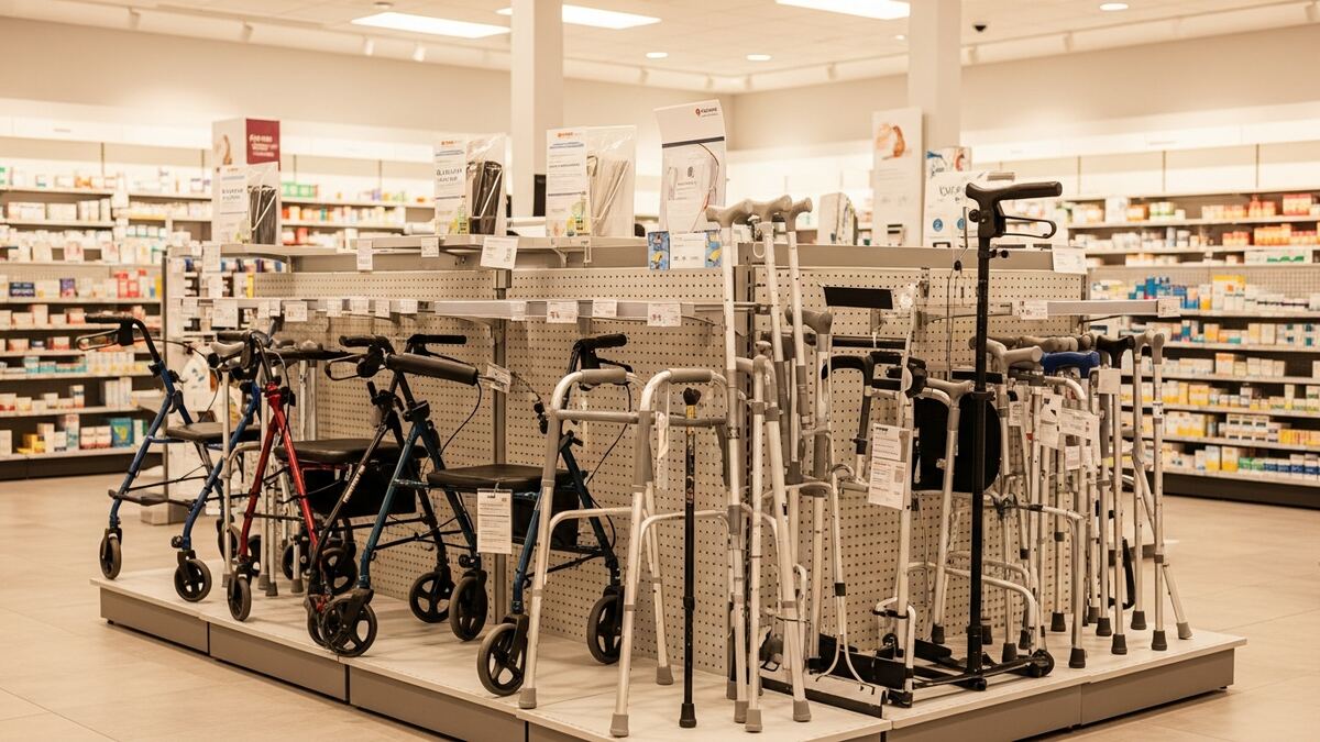 Durable medical equipment including walkers and mobility aids on display