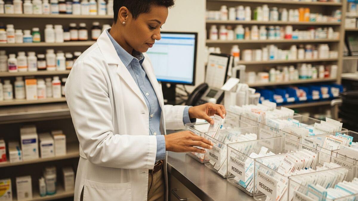 Pharmacist organizing labeled medication packs for long-term care residents