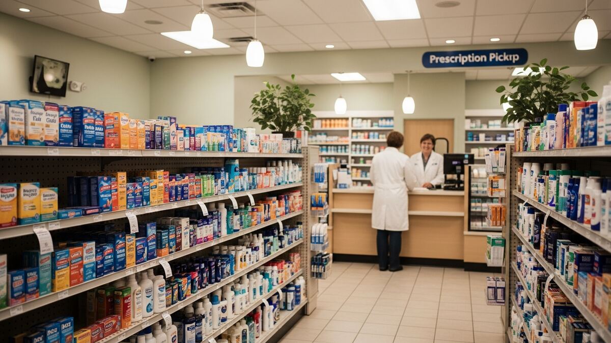 Friendly retail pharmacy interior with prescription pickup counter