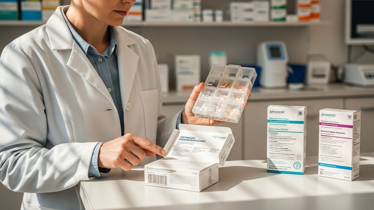 Pharmacist reviewing specialty medication therapy at the counter