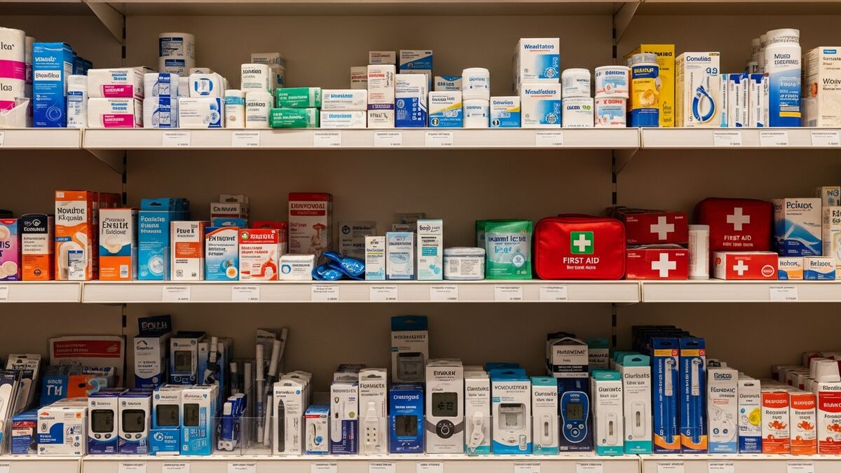 Medical supplies neatly arranged on pharmacy shelves
