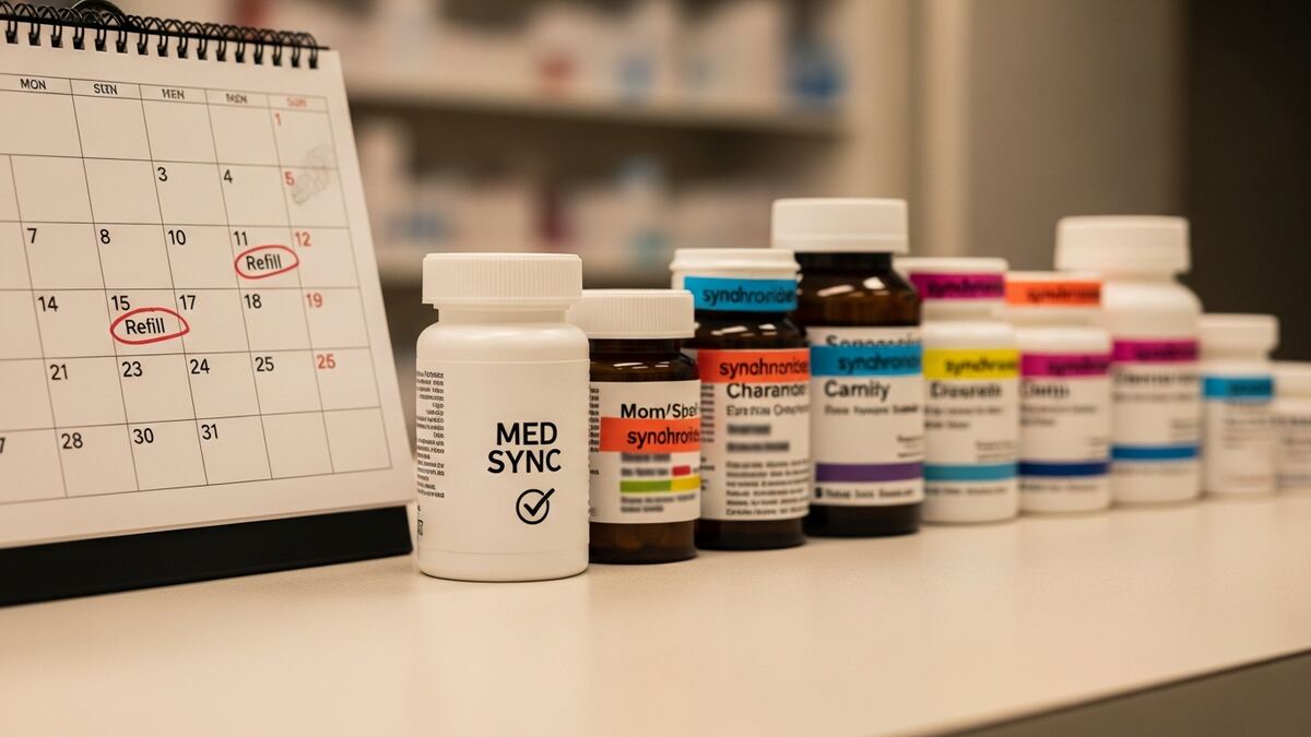 Synchronized medication bottles aligned with a calendar on a pharmacy counter
